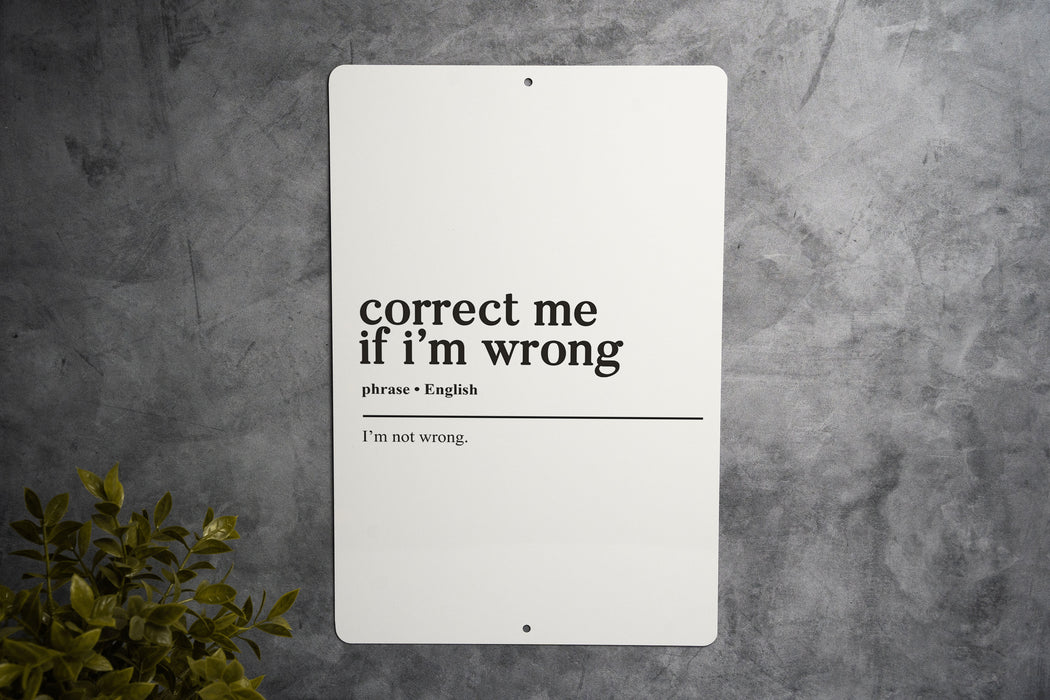 Correct Me If I'm Wrong... I'm Not Wrong Metal Sign - Confident Quote, Humorous Wall Art, Funny Office Decor, Unique Home Accessory