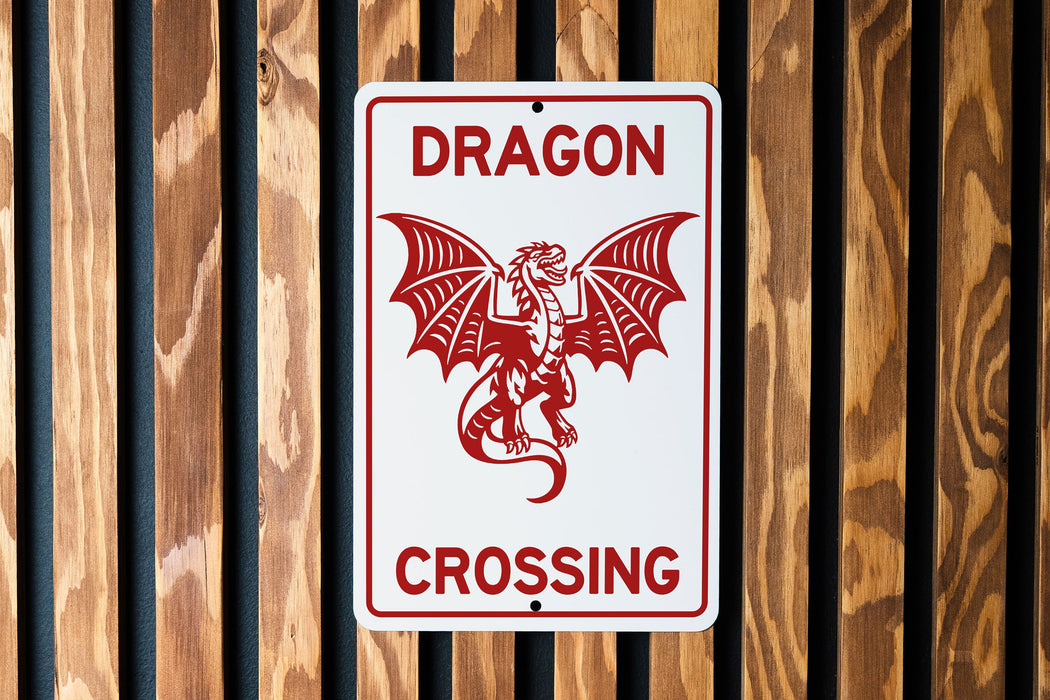Dragon Crossing Metal Sign, Fantasy Decor, Mythical Creature Sign, Unique Gift, Magical Home Decor