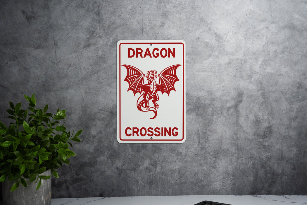 Dragon Crossing Metal Sign, Fantasy Decor, Mythical Creature Sign, Unique Gift, Magical Home Decor