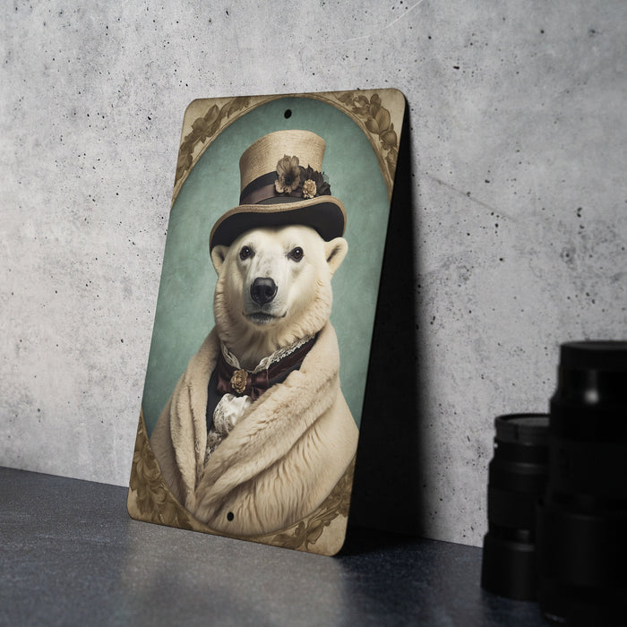 Victorian Portrait of a Polar Bear Metal Sign, Arctic Animal Art, Vintage Home Decor, Polar Bear Lover Gift, Elegant Wall Art