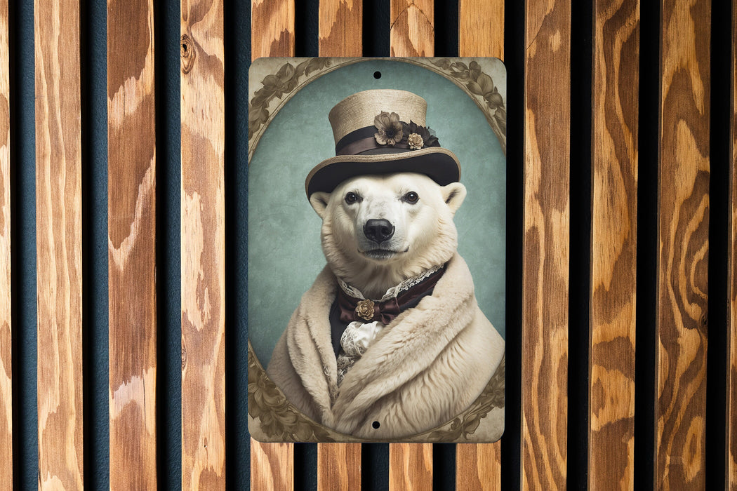 Victorian Portrait of a Polar Bear Metal Sign, Arctic Animal Art, Vintage Home Decor, Polar Bear Lover Gift, Elegant Wall Art