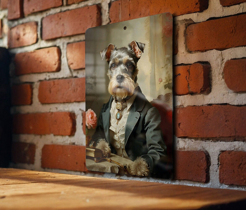 Victorian Miniature Schnauzer Painting Metal Sign - Aristocratic Schnauzer, Noble Companion, Period Attire, Schnauzer Decor, Regal Portrait