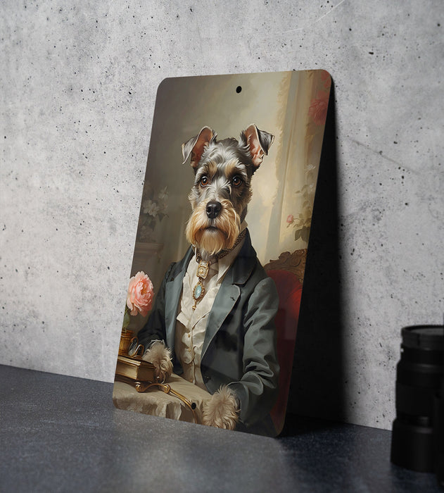 Victorian Miniature Schnauzer Painting Metal Sign - Aristocratic Schnauzer, Noble Companion, Period Attire, Schnauzer Decor, Regal Portrait