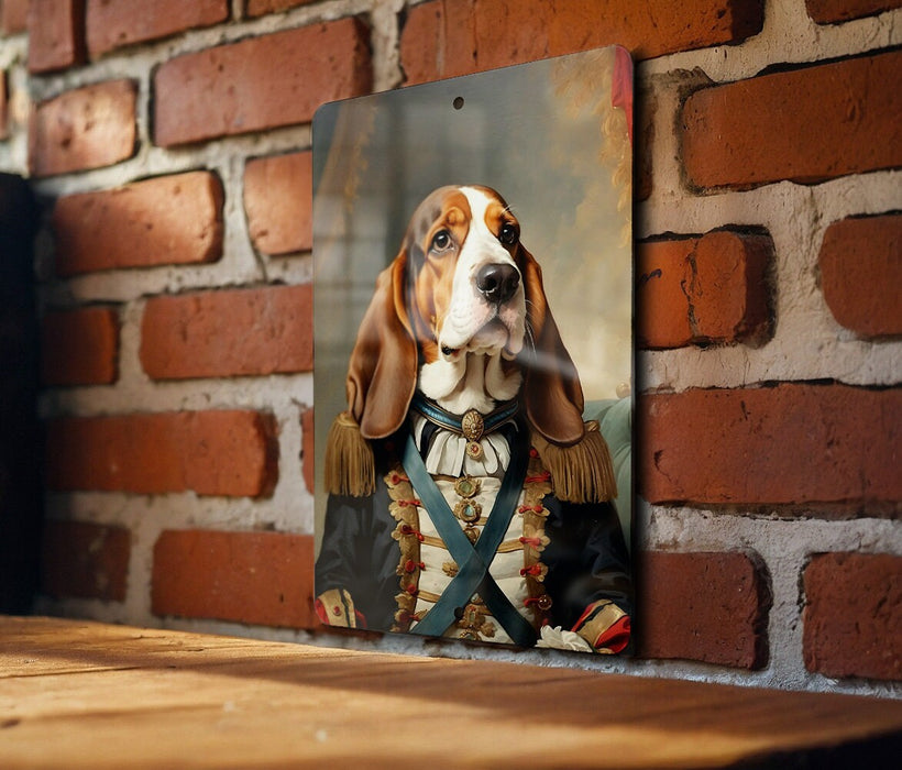 Victorian Warrior Basset Hound Metal Sign - Regal Hound, Noble Sentry, Period Guard, Aristocratic Basset, Historical Dog Decor
