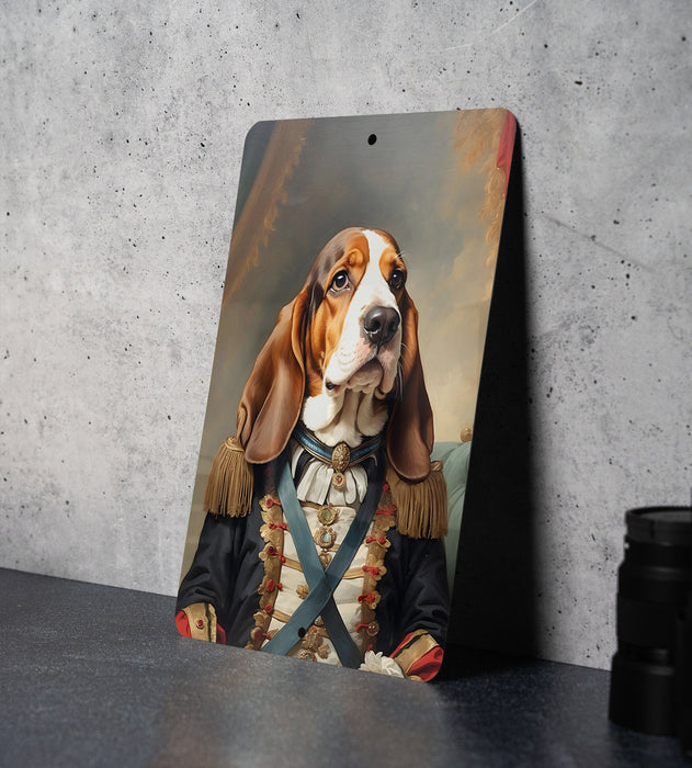 Victorian Warrior Basset Hound Metal Sign - Regal Hound, Noble Sentry, Period Guard, Aristocratic Basset, Historical Dog Decor