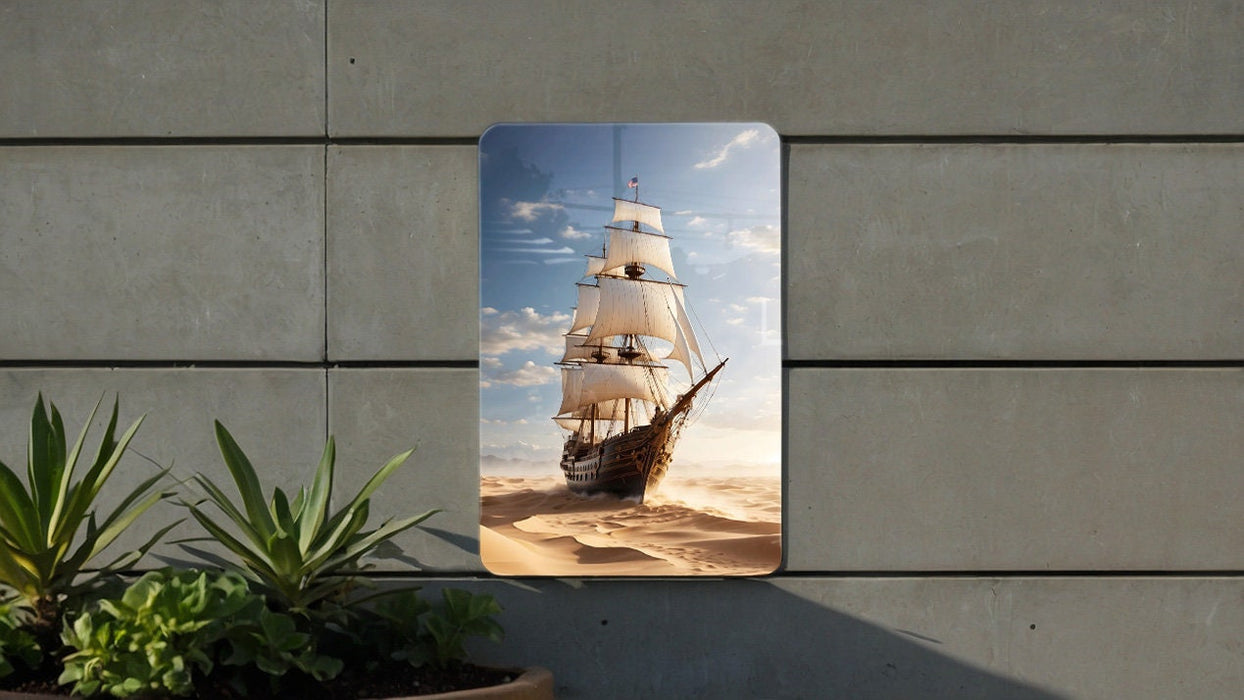 Sailboat on Sand Painting Metal Sign - Emerald Sea, Desert Voyage, Nautical Fantasy, Sand Sailing, Dreamy Seascape