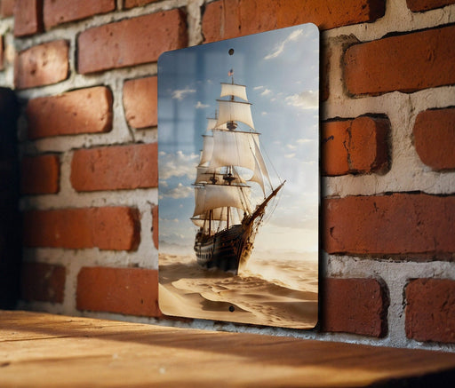 Sailboat on Sand Painting Metal Sign - Emerald Sea, Desert Voyage, Nautical Fantasy, Sand Sailing, Dreamy Seascape