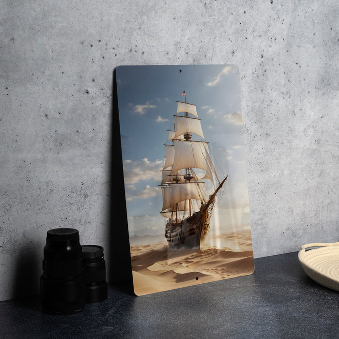 Sailboat on Sand Painting Metal Sign - Emerald Sea, Desert Voyage, Nautical Fantasy, Sand Sailing, Dreamy Seascape