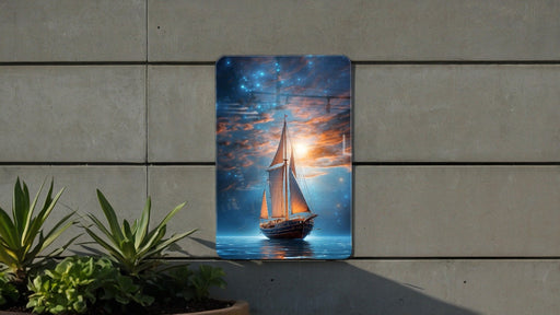Sail Boat in Galaxy Wall Art Metal Sign - Cosmic Voyage, Starry Sailing, Space Exploration, Galactic Seas, Astral Journey