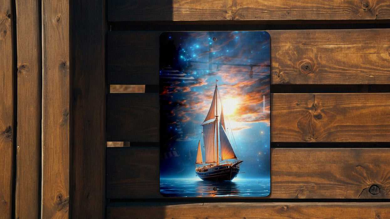 Sail Boat in Galaxy Wall Art Metal Sign - Cosmic Voyage, Starry Sailing, Space Exploration, Galactic Seas, Astral Journey