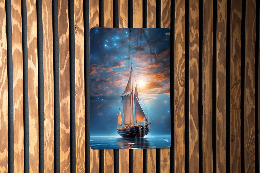 Sail Boat in Galaxy Wall Art Metal Sign - Cosmic Voyage, Starry Sailing, Space Exploration, Galactic Seas, Astral Journey