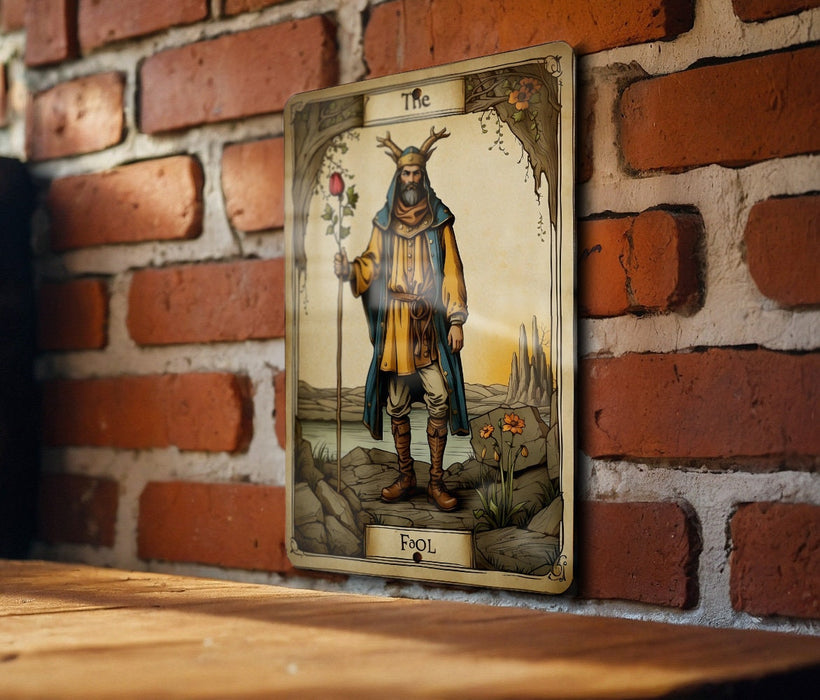 DND Style The Fool Wall Art Metal Sign - Fantasy Journey, Medieval Tarot, Adventurous Spirit, Role Play Imagery, Quest Beginnings