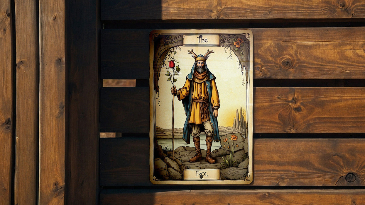 DND Style The Fool Wall Art Metal Sign - Fantasy Journey, Medieval Tarot, Adventurous Spirit, Role Play Imagery, Quest Beginnings
