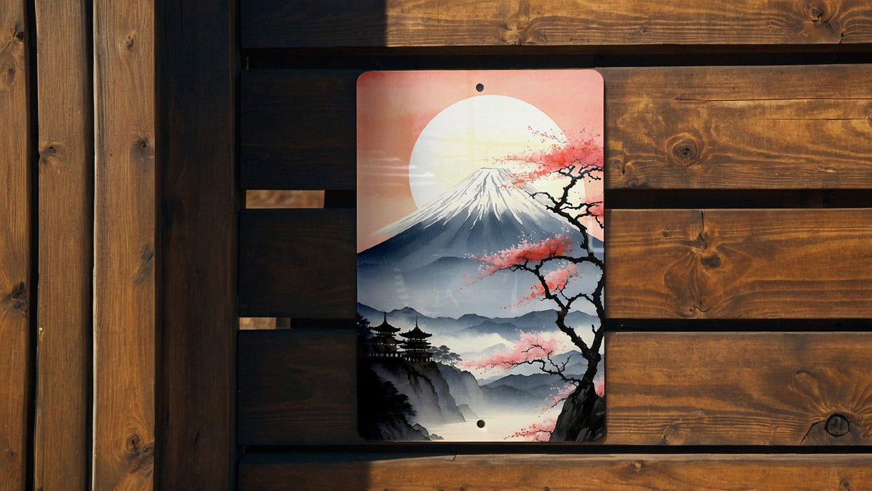 Vintage Japanese Volcano Painting Metal Sign - Majestic Mount, Oriental Landscape, Traditional Art, Beauty, Nature's Power