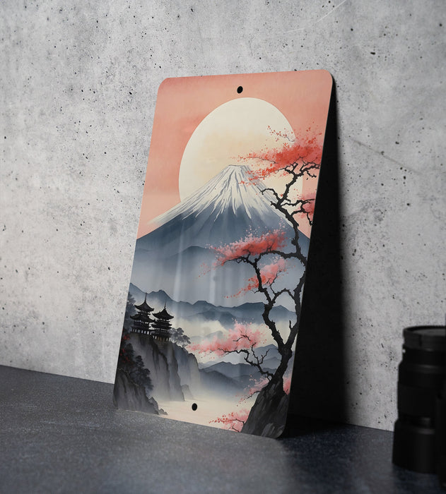 Vintage Japanese Volcano Painting Metal Sign - Majestic Mount, Oriental Landscape, Traditional Art, Beauty, Nature's Power