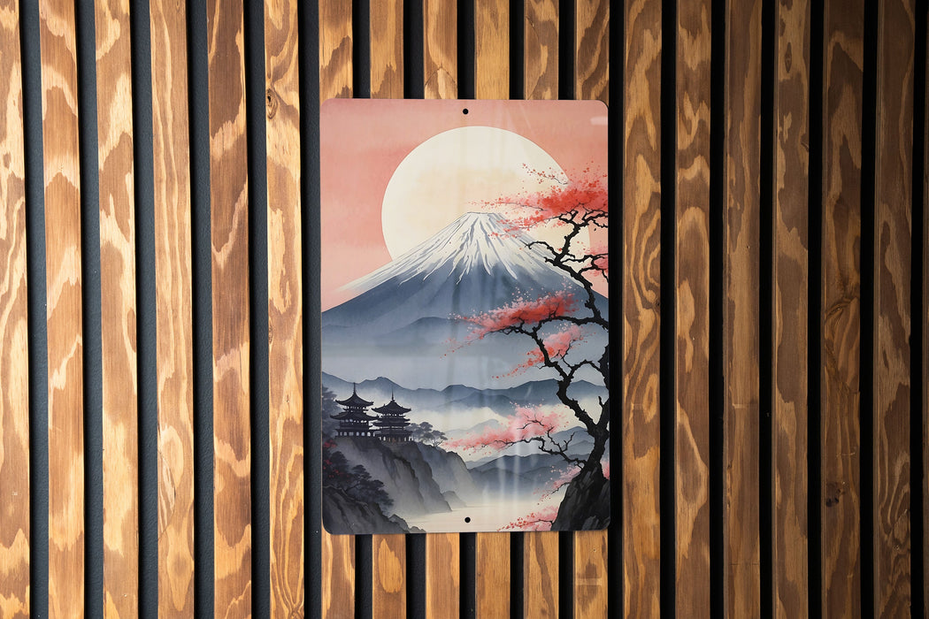 Vintage Japanese Volcano Painting Metal Sign - Majestic Mount, Oriental Landscape, Traditional Art, Beauty, Nature's Power