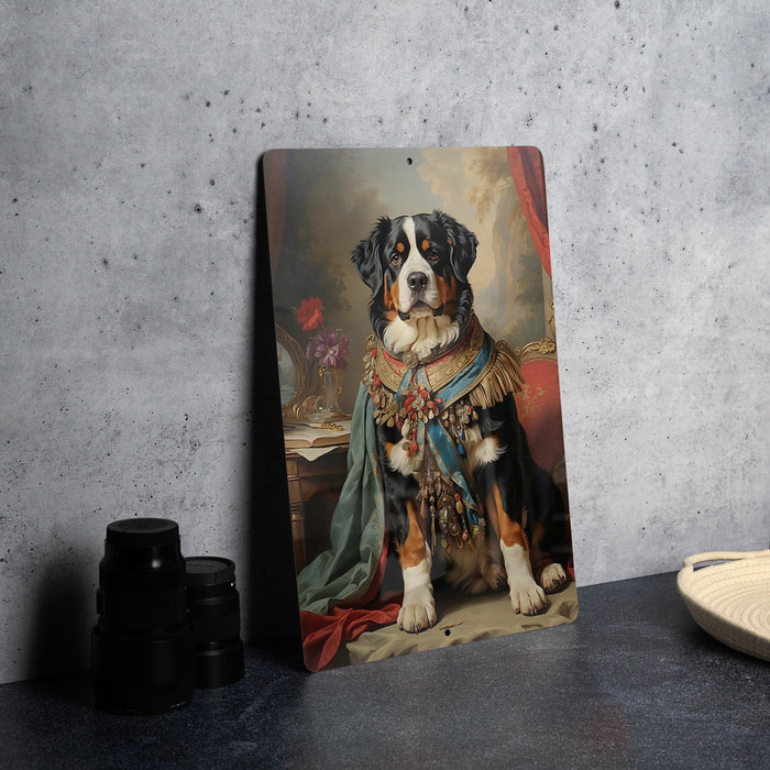Victorian Warrior Bernese Mountain Dog Metal Sign - Noble Guardian, Regal Armor, Heroic Companion, Historical Warrior, Majestic Decor