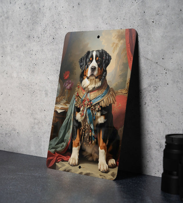 Victorian Warrior Bernese Mountain Dog Metal Sign - Noble Guardian, Regal Armor, Heroic Companion, Historical Warrior, Majestic Decor