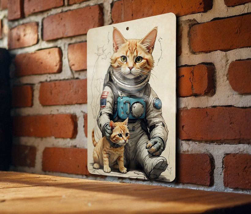Cute Astronaut Cat Art Metal Sign - Space Kitty, Cosmic Pet, Sci-Fi Animal, Galaxy Explorer, Feline Astronaut