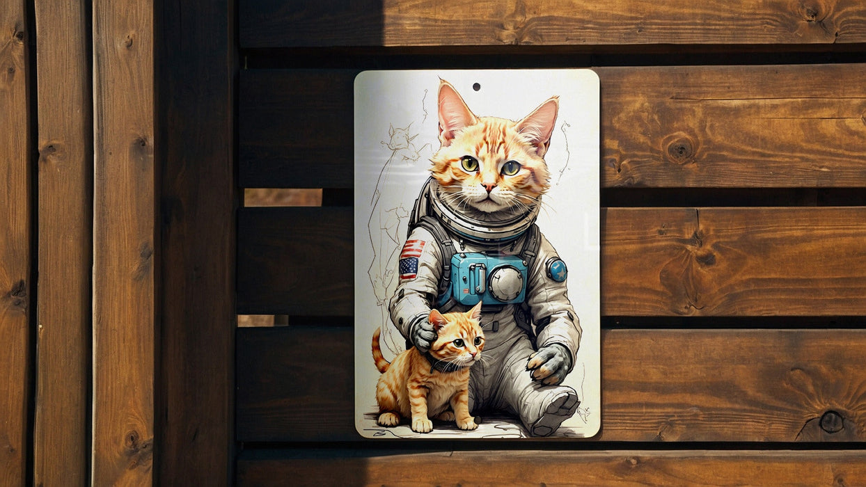 Cute Astronaut Cat Art Metal Sign - Space Kitty, Cosmic Pet, Sci-Fi Animal, Galaxy Explorer, Feline Astronaut