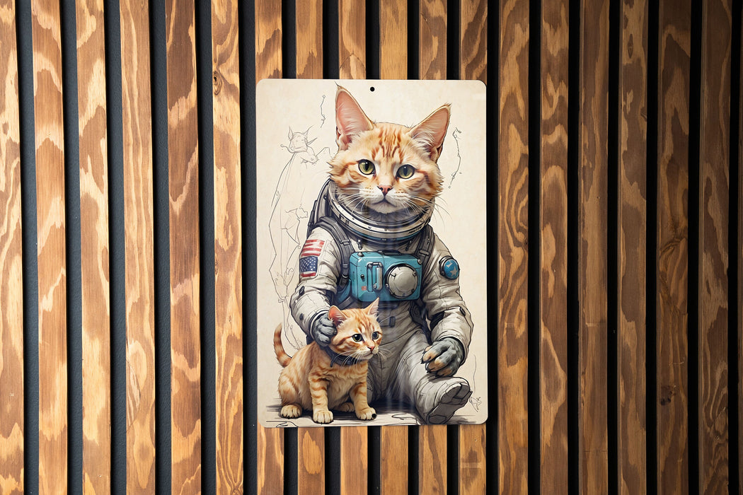 Cute Astronaut Cat Art Metal Sign - Space Kitty, Cosmic Pet, Sci-Fi Animal, Galaxy Explorer, Feline Astronaut