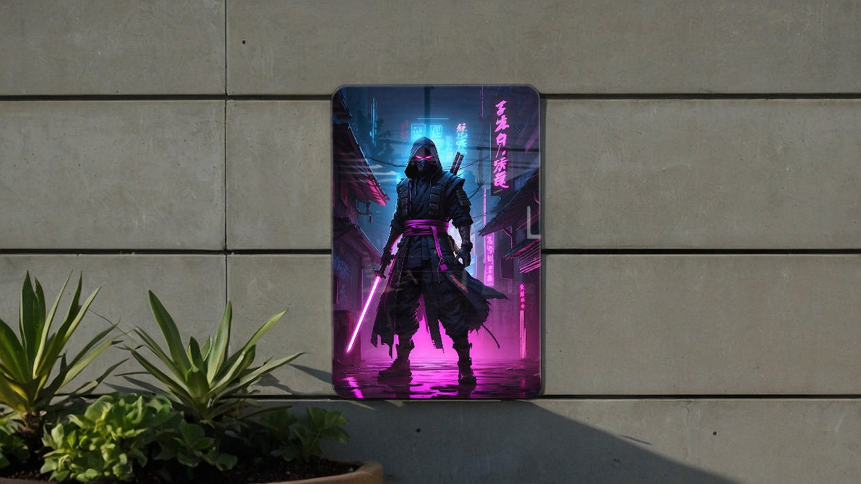 Cyberpunk Ninja Wall Art Metal Sign - Futuristic Warrior, Sci-Fi Decor, Urban Samurai, Neon Blade, Tech Assassin