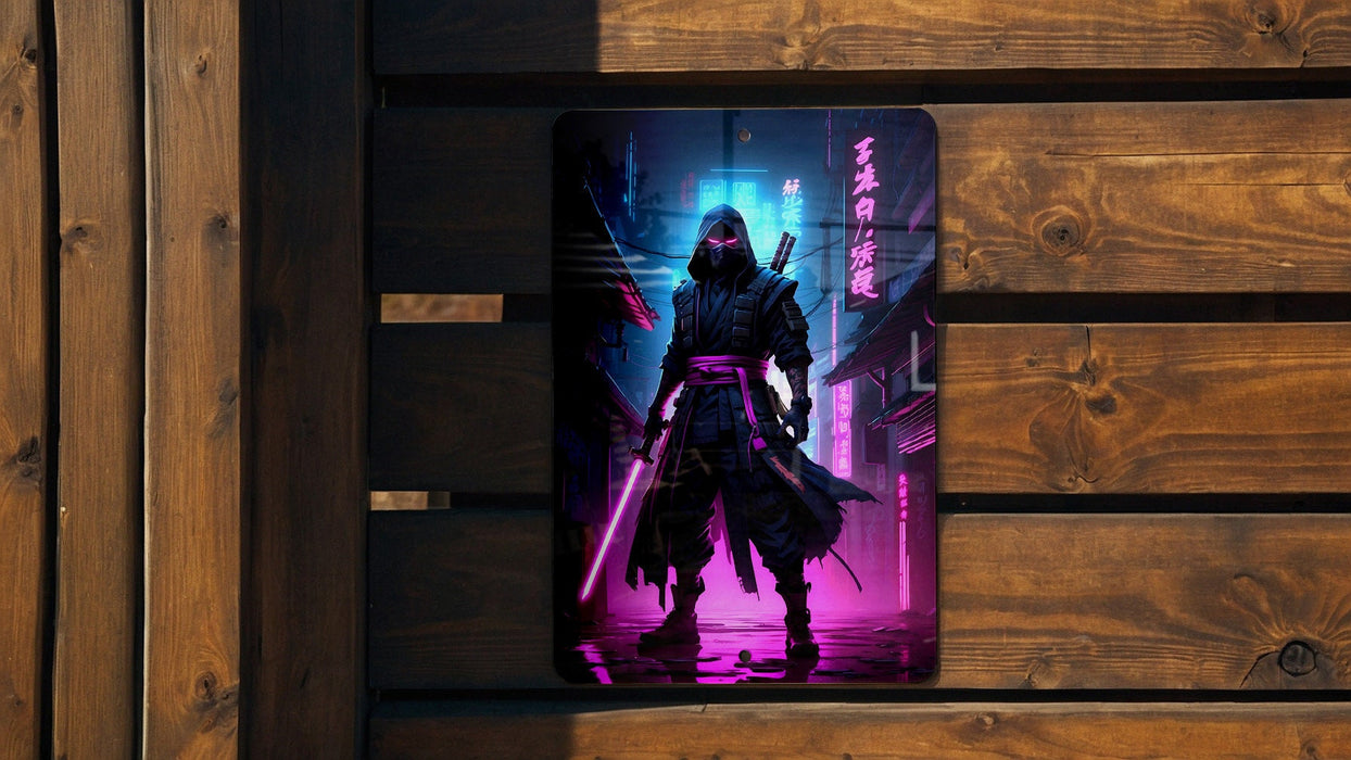 Cyberpunk Ninja Wall Art Metal Sign - Futuristic Warrior, Sci-Fi Decor, Urban Samurai, Neon Blade, Tech Assassin