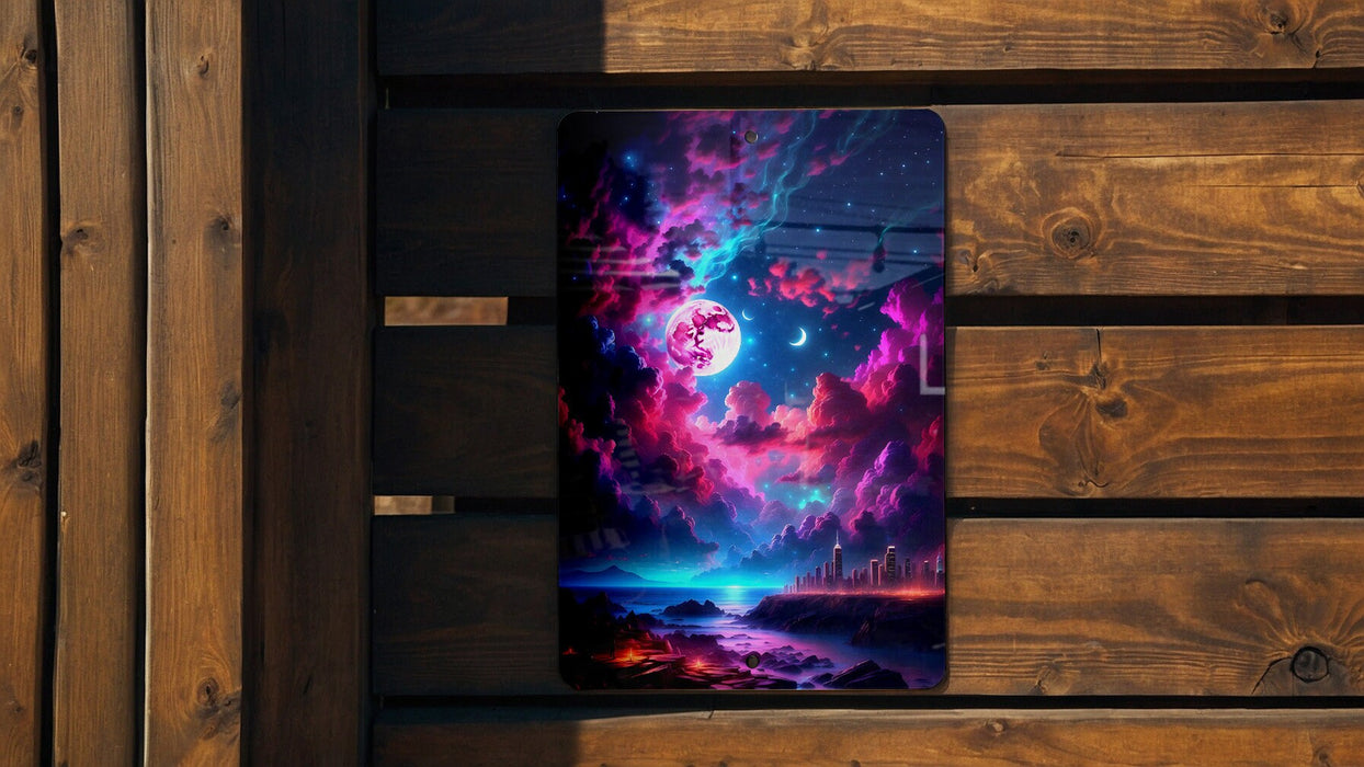 Cyberpunk Galaxy Sky Wall Art Metal Sign - Sci-Fi Cityscape, Neon Universe, Futuristic Decor, Space Aesthetic, Urban Stars
