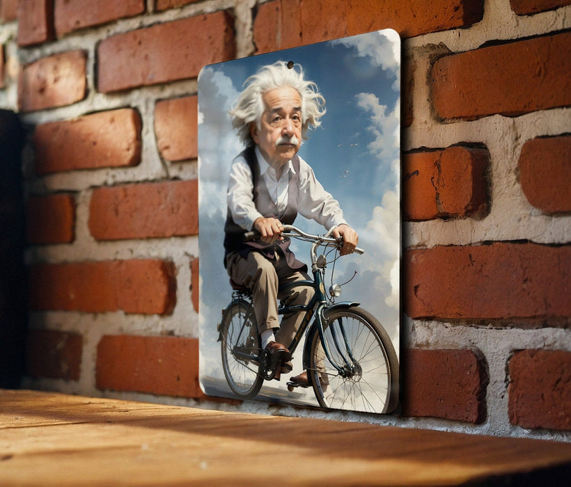 Einstein Bicycle Painting Metal Sign - Vintage Science Art, Genius on Bike, Historical Decor, Inspirational Figure, Unique Art