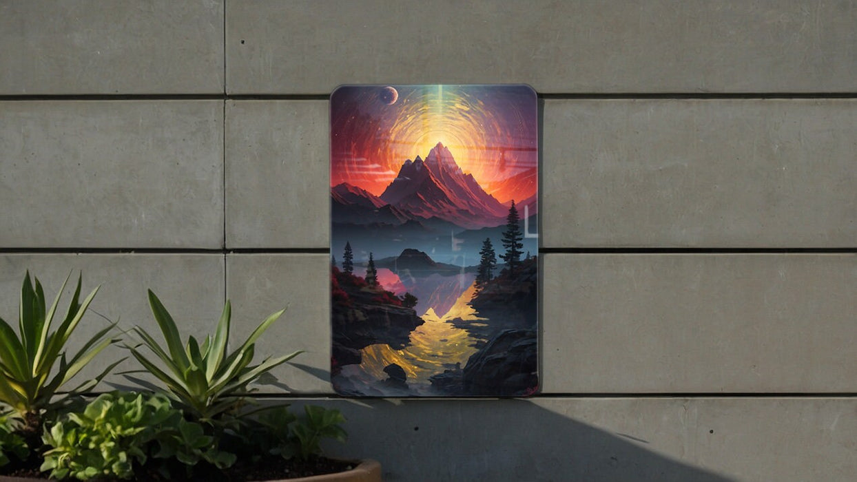 Fantasy Mountain Retrowave Art Metal Sign - Synthwave Decor, Retro Future, Neon Landscape, 80s Aesthetic, Dreamy Peaks