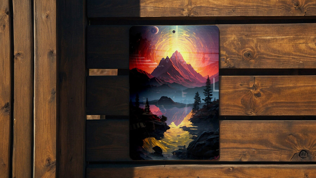 Fantasy Mountain Retrowave Art Metal Sign - Synthwave Decor, Retro Future, Neon Landscape, 80s Aesthetic, Dreamy Peaks