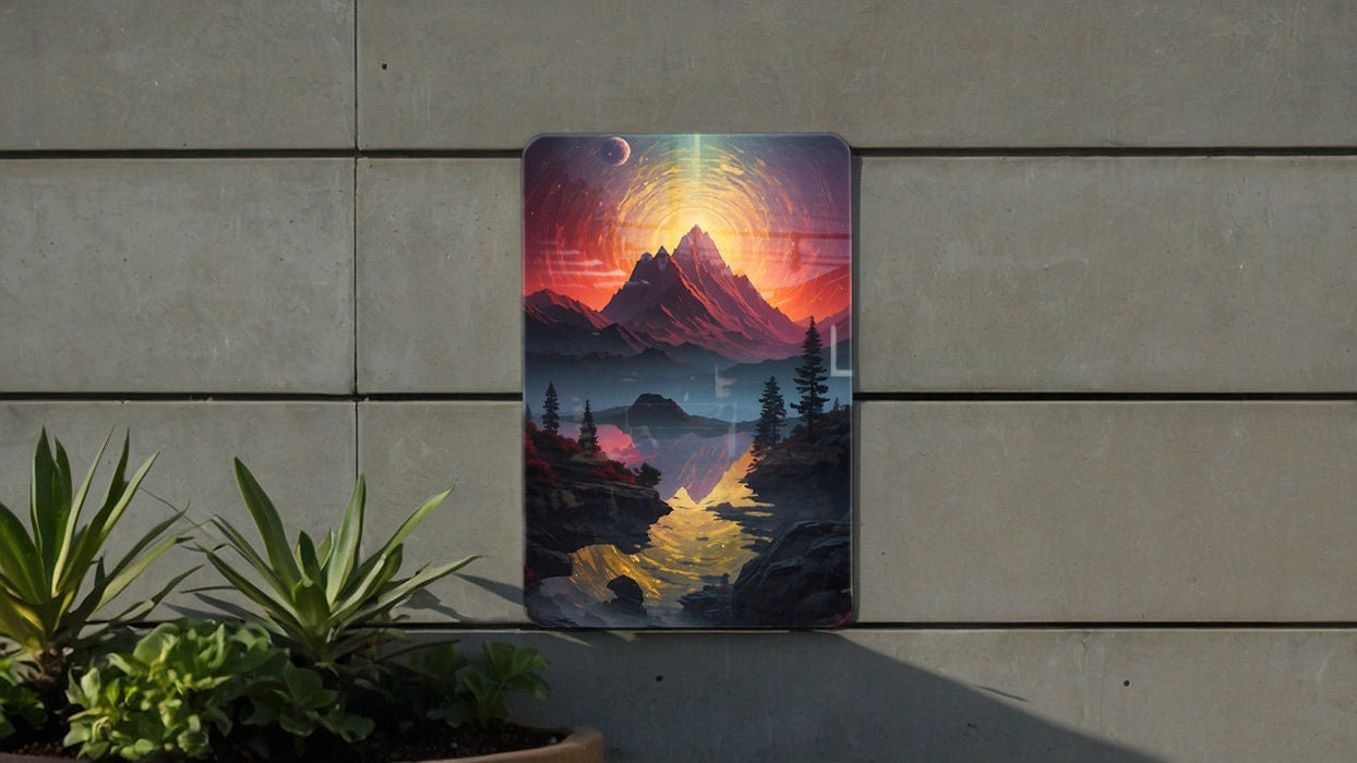 Fantasy Mountain Retrowave Wall Art Metal Sign - Synthwave Aesthetic, Retro Futurism, Neon Landscape, 80s Nostalgia, Dreamy View