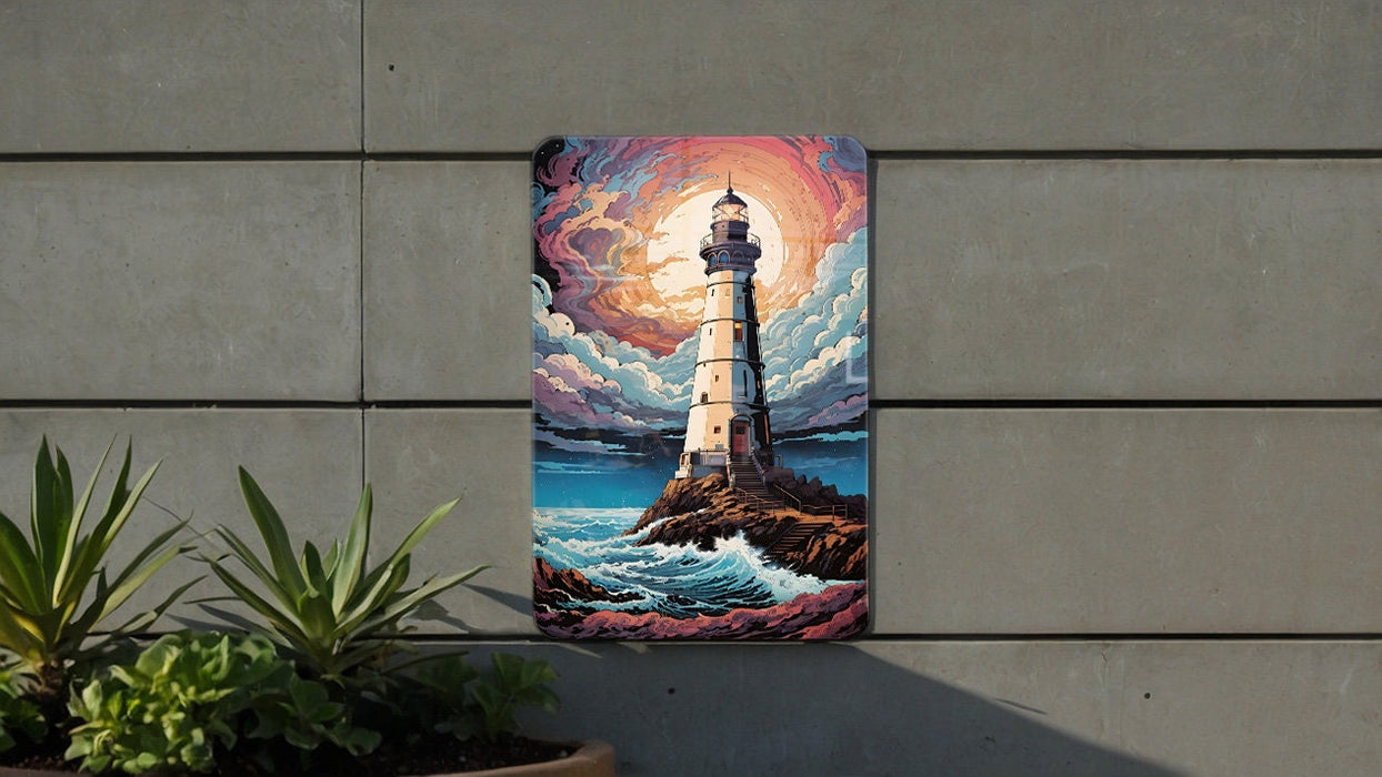 Colorful Night Sky Lighthouse Wall Art Metal Sign - Guiding Light, Starry Seascape, Nautical Decor, Beacon of Hope, Ocean View
