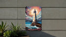Colorful Night Sky Lighthouse Wall Art Metal Sign - Guiding Light, Starry Seascape, Nautical Decor, Beacon of Hope, Ocean View