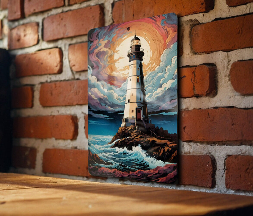 Colorful Night Sky Lighthouse Wall Art Metal Sign - Guiding Light, Starry Seascape, Nautical Decor, Beacon of Hope, Ocean View