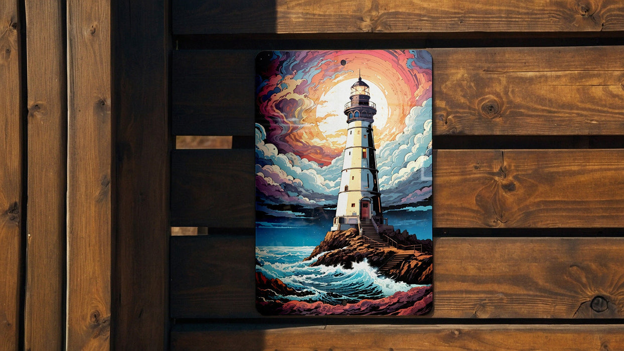 Colorful Night Sky Lighthouse Wall Art Metal Sign - Guiding Light, Starry Seascape, Nautical Decor, Beacon of Hope, Ocean View