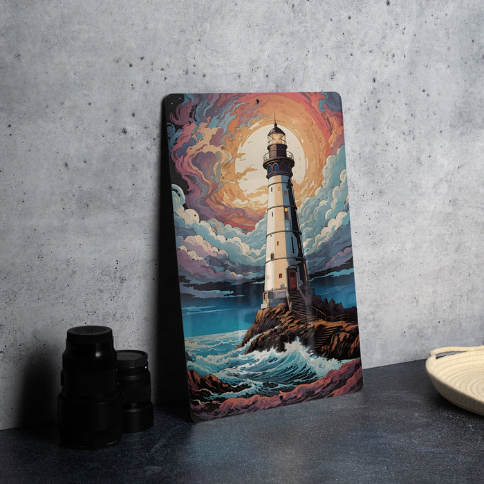 Colorful Night Sky Lighthouse Wall Art Metal Sign - Guiding Light, Starry Seascape, Nautical Decor, Beacon of Hope, Ocean View