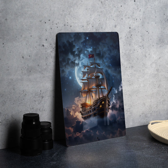 Fantasy Ship Clouds Wall Art Metal Sign - Floating Vessel, Dreamy Skies, Airborne Adventure, Cloudscape Journey, Mystic Voyage