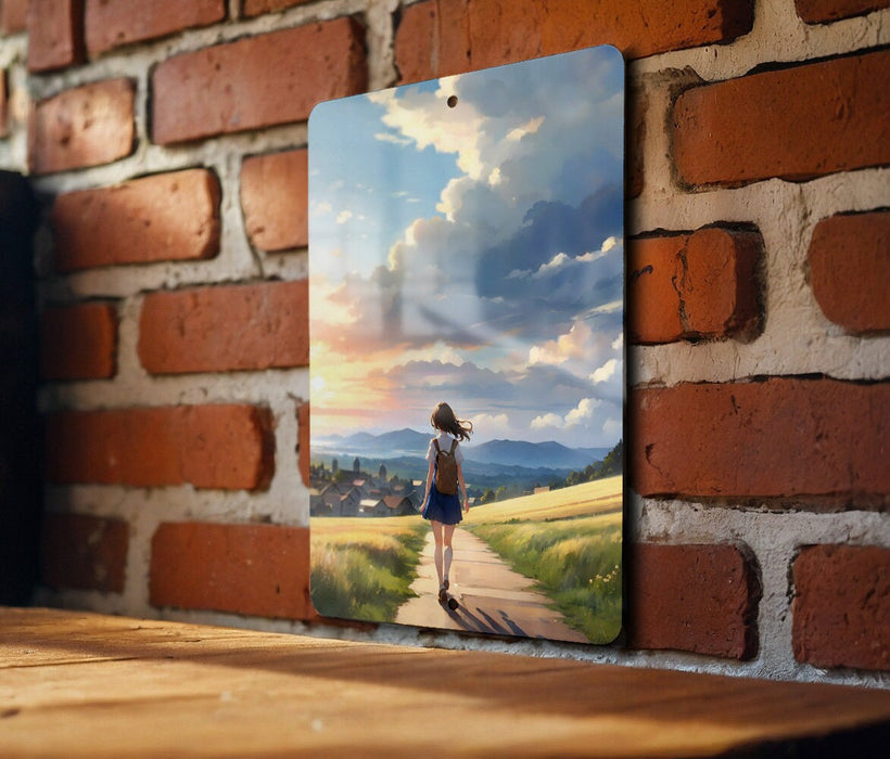 Anime Small Town Nature Art, Whimsical Landscape, Peaceful Scenery Metal Sign