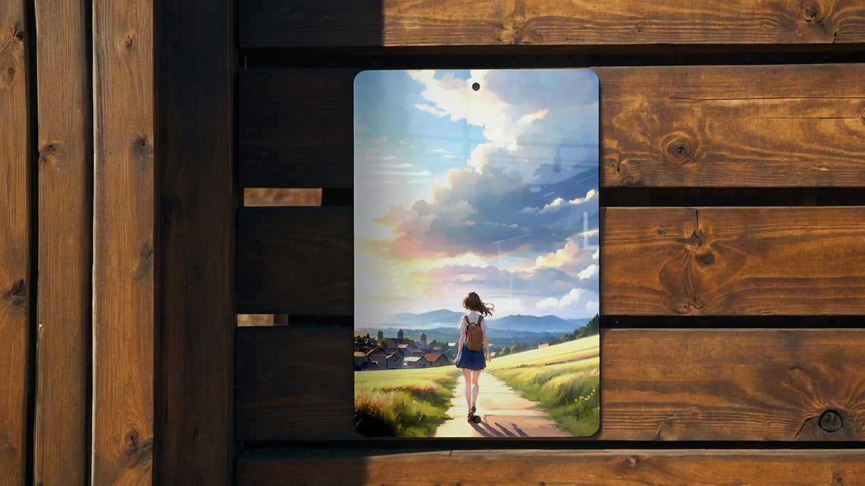 Anime Small Town Nature Art, Whimsical Landscape, Peaceful Scenery Metal Sign