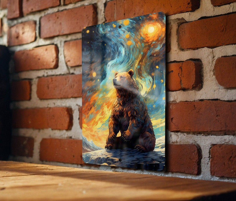 Bear Staring at Galaxy Wall Art Metal Sign - Cosmic Animal, Space Decor, Starry Night, Nature Meets Space, Unique Art