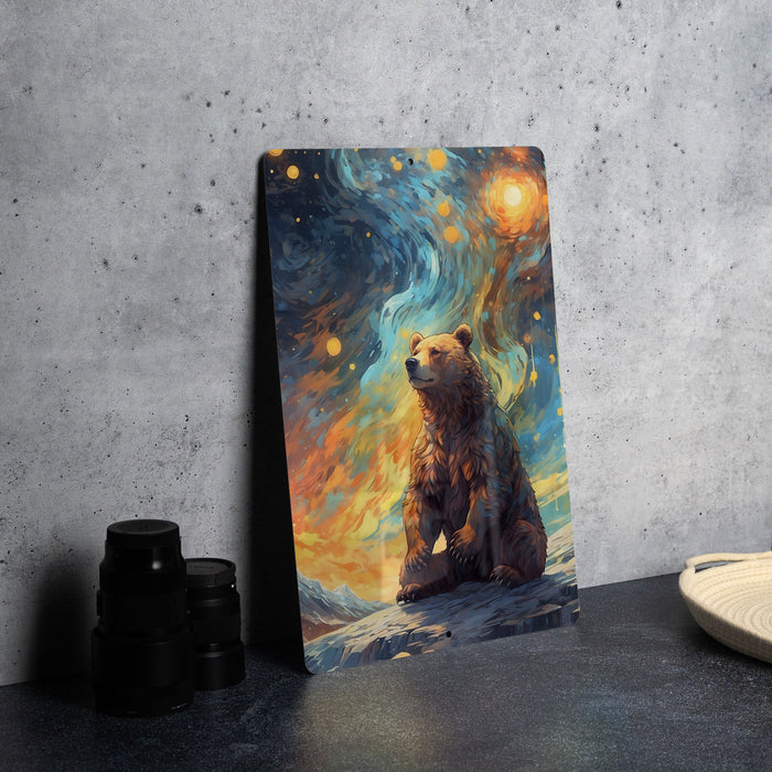 Bear Staring at Galaxy Wall Art Metal Sign - Cosmic Animal, Space Decor, Starry Night, Nature Meets Space, Unique Art