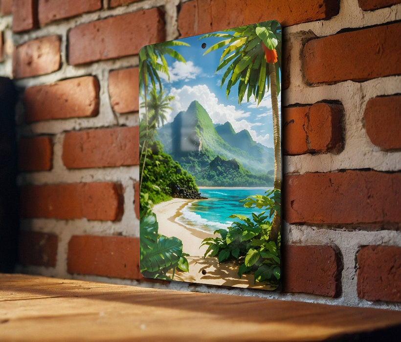 Anime Beach Jungle Wall Art Metal Sign - Manga Style, Tropical Decor, Nature Art, Serene Scenery, Adventure Theme