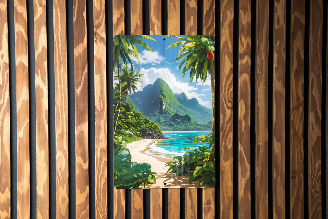 Anime Beach Jungle Wall Art Metal Sign - Manga Style, Tropical Decor, Nature Art, Serene Scenery, Adventure Theme