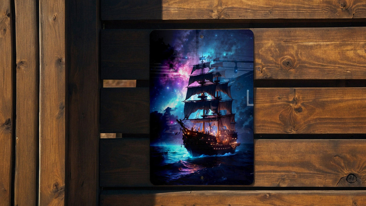 Ship in Colorful Galaxy Wall Art Metal Sign - Space Nautical, Cosmic Voyage, Sci-Fi Decor, Astral Sailing, Universe Explorer