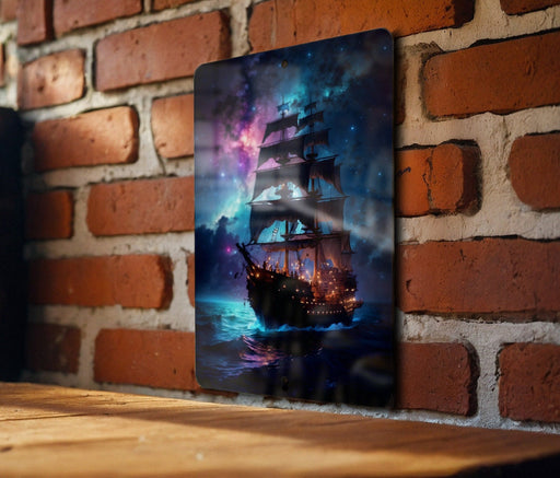 Ship in Colorful Galaxy Wall Art Metal Sign - Space Nautical, Cosmic Voyage, Sci-Fi Decor, Astral Sailing, Universe Explorer