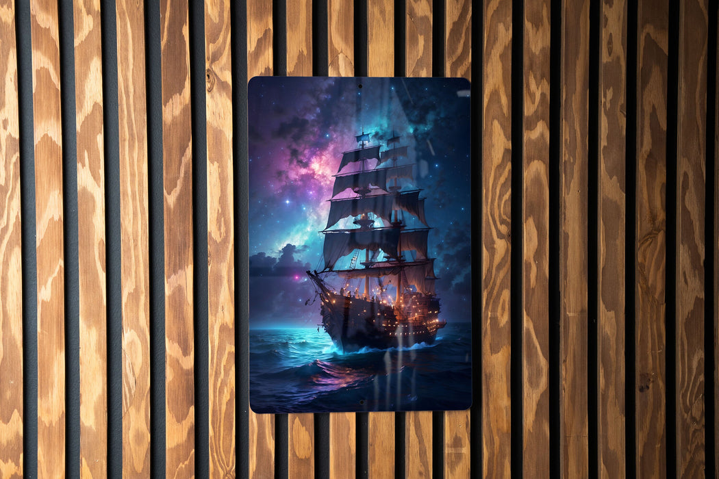 Ship in Colorful Galaxy Wall Art Metal Sign - Space Nautical, Cosmic Voyage, Sci-Fi Decor, Astral Sailing, Universe Explorer
