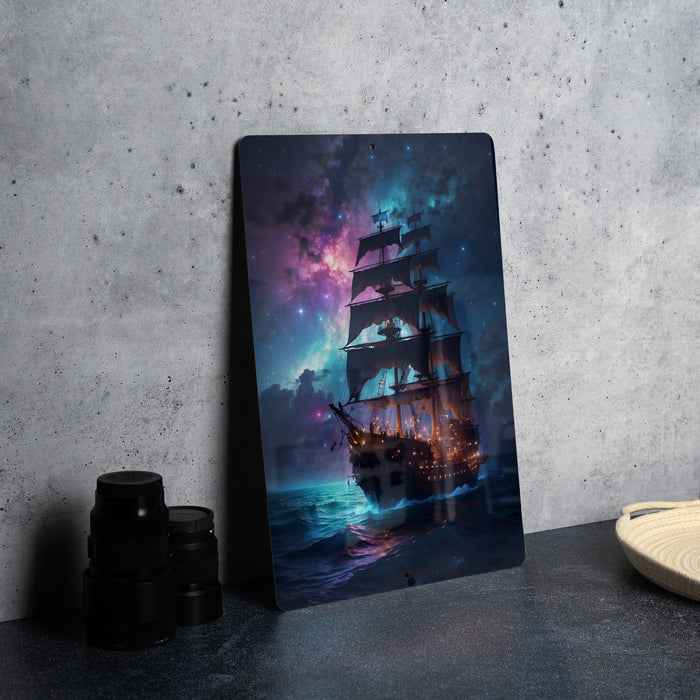 Ship in Colorful Galaxy Wall Art Metal Sign - Space Nautical, Cosmic Voyage, Sci-Fi Decor, Astral Sailing, Universe Explorer