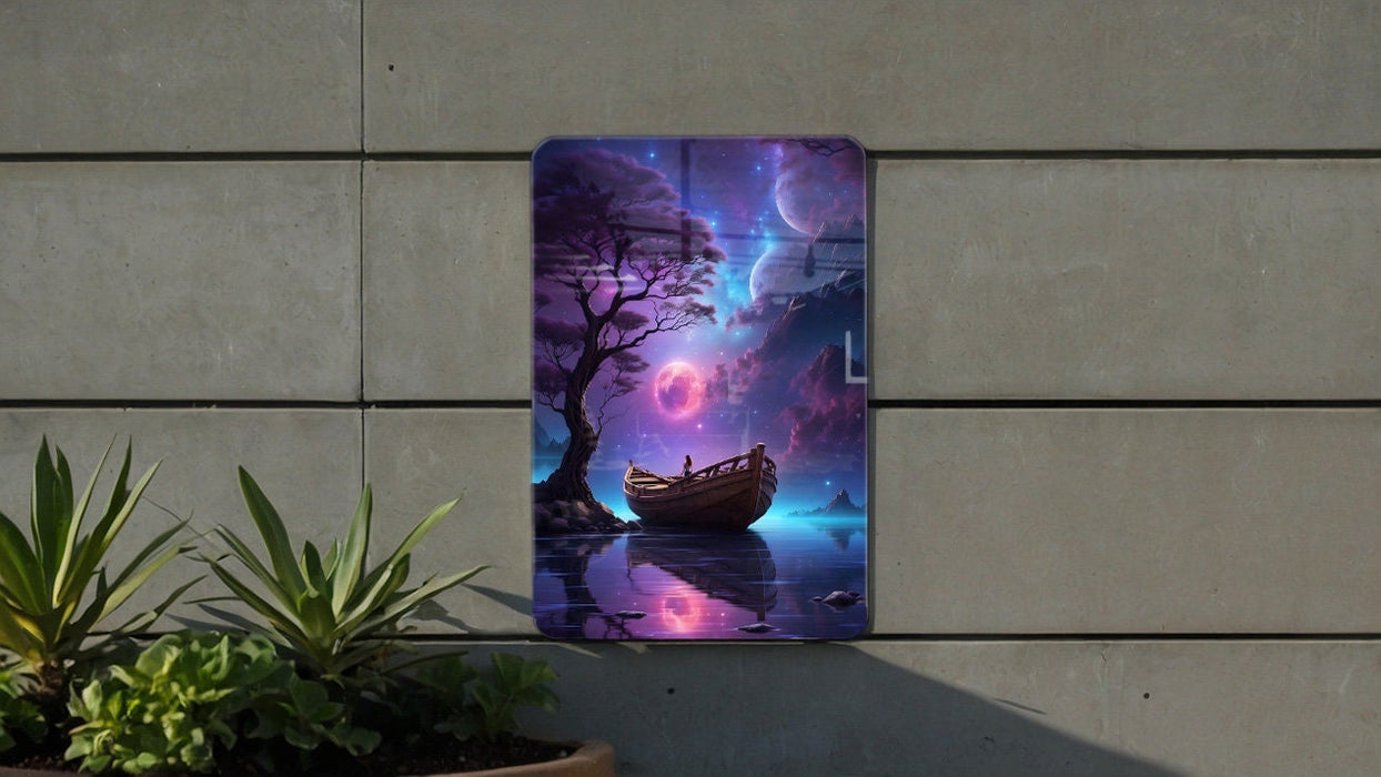 Boat Under Colorful Night Sky Wall Art Metal Sign - Starry Seascape, Nautical Decor, Celestial Voyage, Dreamy Ocean
