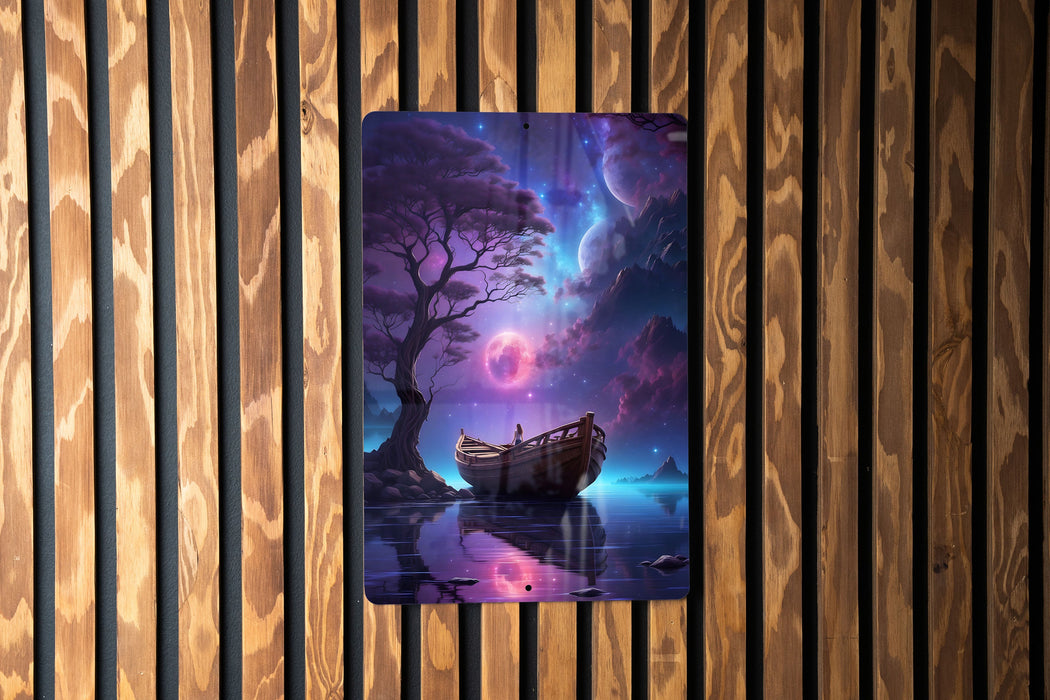 Boat Under Colorful Night Sky Wall Art Metal Sign - Starry Seascape, Nautical Decor, Celestial Voyage, Dreamy Ocean